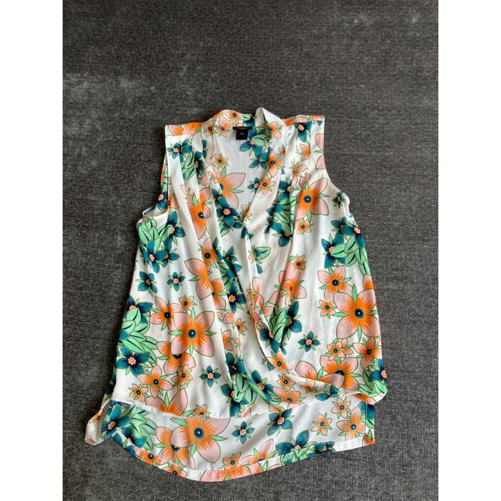 Ann Taylor Factory Blouse Top Womens Small White Floral Draped Front Sleeveless